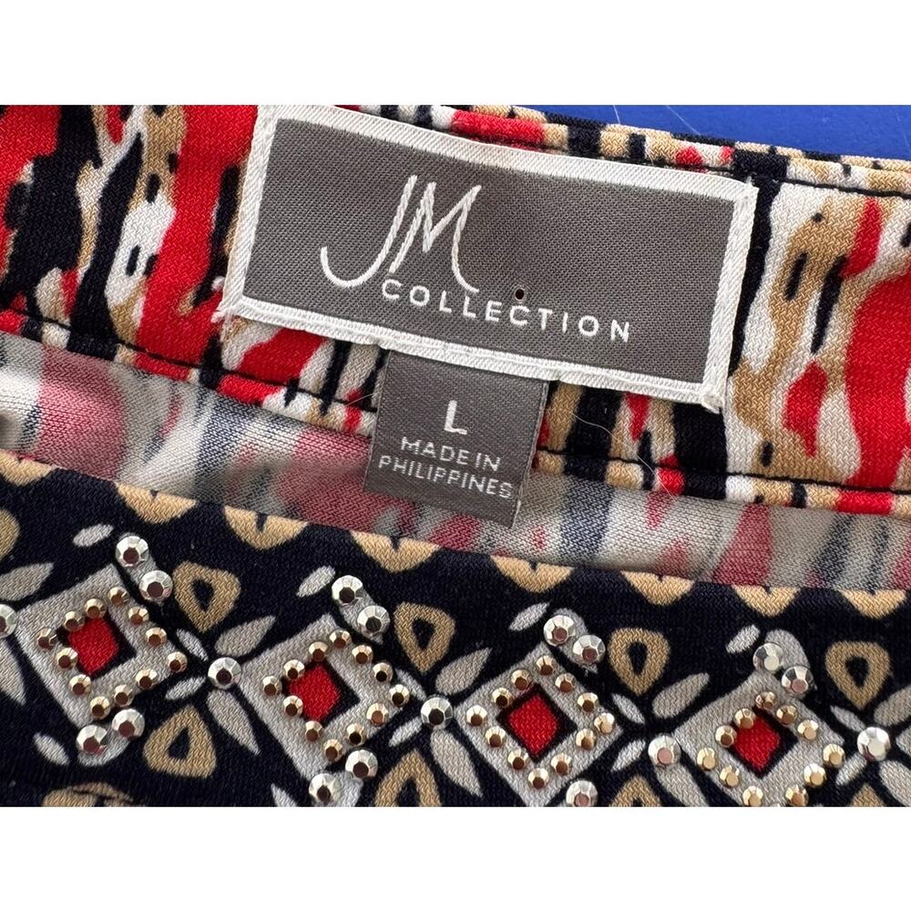 JM Collection Womens Large Bloue Tie Waist Short Sleeve Red Black Cream - Picture 3 of 8